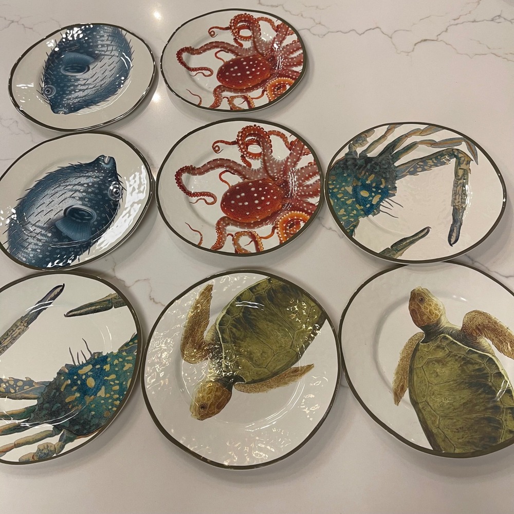 Pottery Barn Sea Life Melamine Salad Plates Set of 8 Mixed Coastal Nautical
